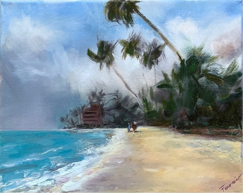 "Beach Stroll" Oil on Canvas 14"X16"-Framed